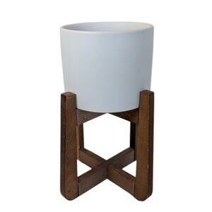 Free Standing Mid Century Style Wooden Plant Stand White Ceramic Round Pot